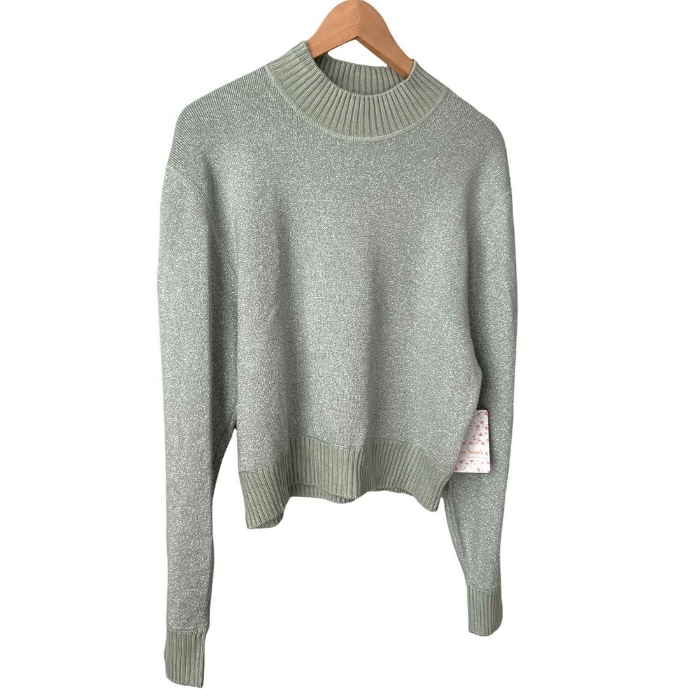 Free People Women's Metallic Glitter Green Mockneck Sweater Medium - Picture 6 of 10